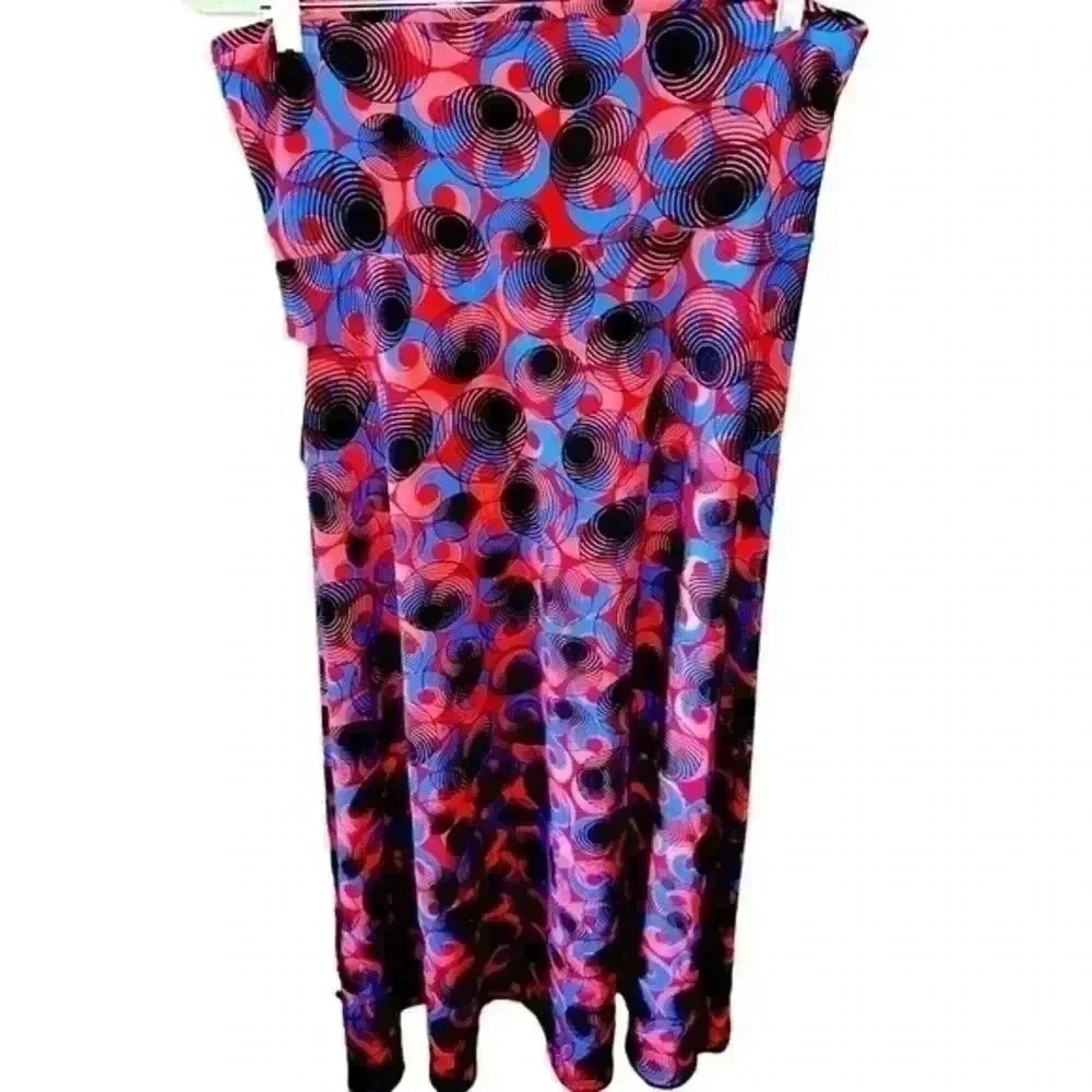Lularoe Large red‎ Maxi skirt blue, black & pink geometric retro print. NWT .